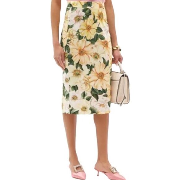 Dolce & Gabbana Camellia Print Silk Blend Charmeuse Pencil Skirt Floral NWOT L - Picture 1 of 6